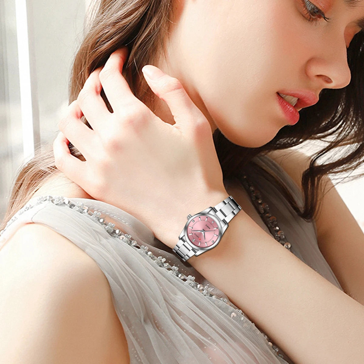 Luxury Women's Watch 29mm Fashionable Stainless Steel Rhinestone Pink Minimalist Girl Clock Outdoor Travel Women Wrist Watches - AliExpress 1511 - Color : 310H - Image 4
