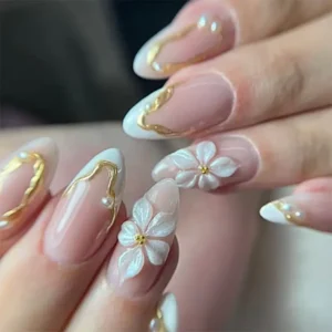 24pcs Floral Almond Press-On Nails with Gold Details