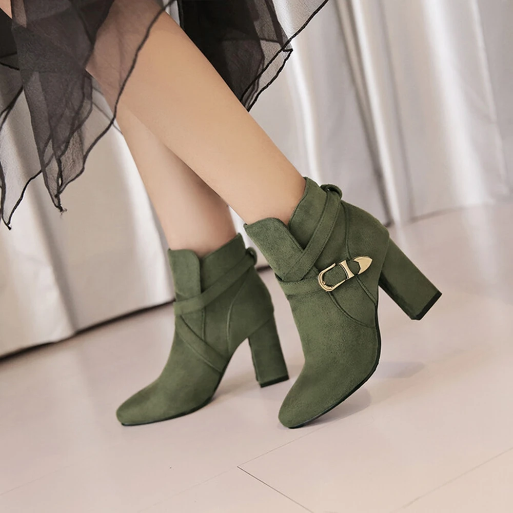 Women Buckle Strap Ankle Boots 8.5CM Block Heel Suede Fashion Short Boots Size 32-43 5320-2 - AliExpress 322 - Color : wine red - Shoe Size : 35 - Image 6