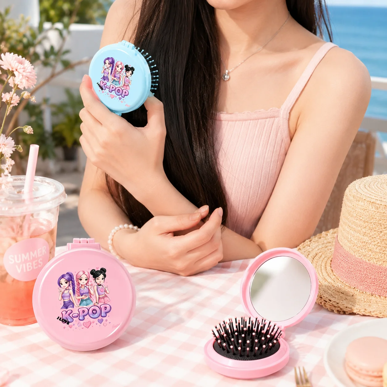 K-Pop Style Folding Hair Brush Mirror, 2 in 1 Portable Pocket Comb for Women, Cute Travel Makeup Bag Accessoryl - AliExpress 66 - Color : F - Image 6