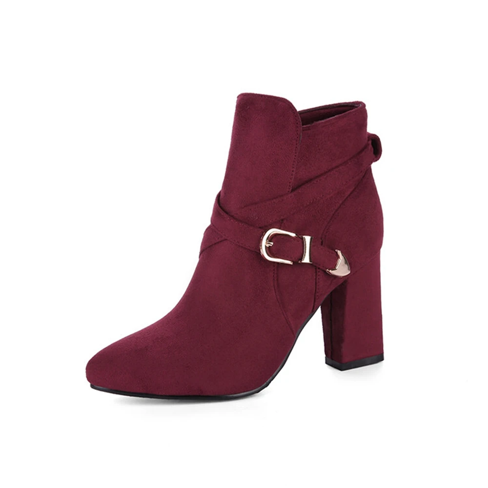 Women Buckle Strap Ankle Boots 8.5CM Block Heel Suede Fashion Short Boots Size 32-43 5320-2 - AliExpress 322 - Color : wine red - Shoe Size : 35 - Image 3