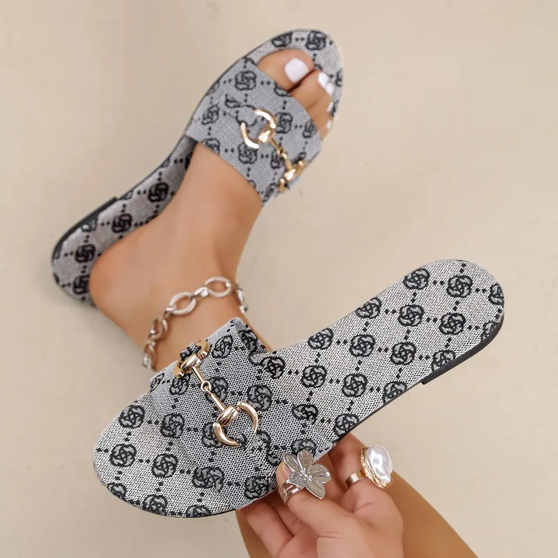 2026 Summer New Retro Printed Women Slippers Fashion Metal Decor Luxury Lightweight Comfort Non Slip Women Shoes Шлепки Женские - AliExpress 322 - Color : LIGHT BLUE - Shoe Size : 36 - Image 4