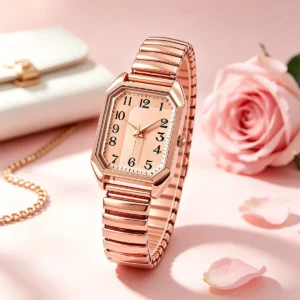 Women Octagonal Rectangle Quartz Watch Two Tone Stretch Metal Band Minimalist Ladies Analog Wrist Watches - Color : Silver