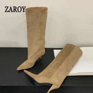 ZAROY Knee High Women Boots Winter Warm Snow Boots Sexy Thin High Heel Point Toe Suede Long Boots Brand Designer Banquet Booties - AliExpress 322 - Color : M68-2-apricot - Shoe Size : 39