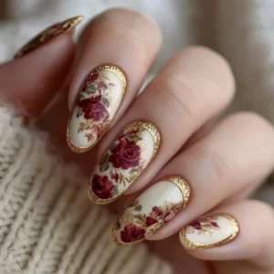 24Pcs Gold-Plated Almond Fake Nails Brown Floral Style - Color : A1435