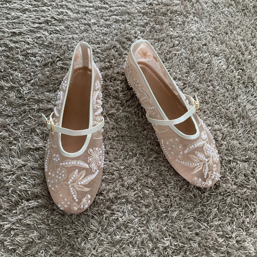 Mesh Embroidery String Bead Design Women Ballet Flats Fashion Buckle Breathable Mary Jane Shoe Comfort Low Heel Soft Flat Sandal - AliExpress 322 - Color : PDCZ-R - Shoe Size : 37 - Image 2