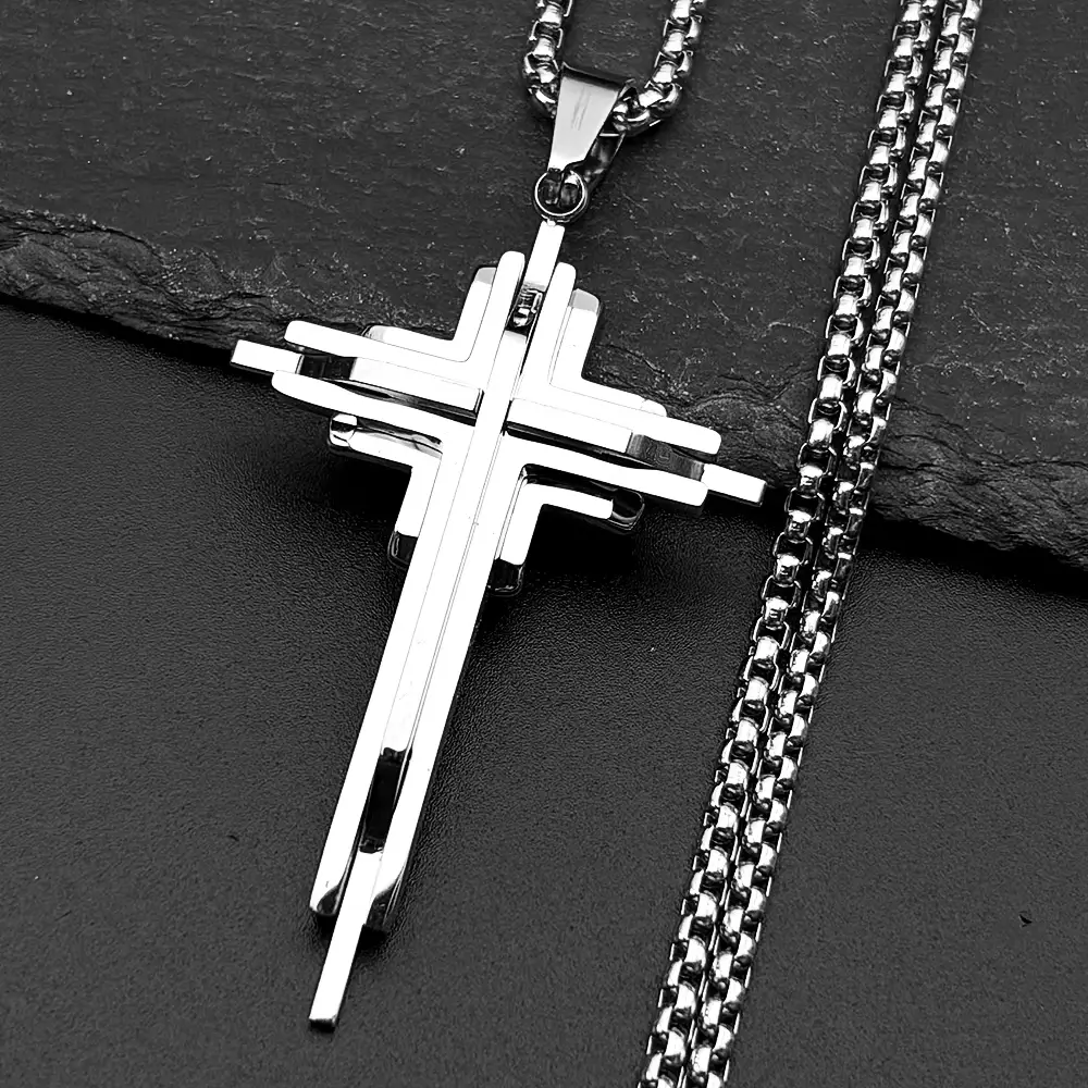 Stainless Steel Multi-Layer Cross Pendant Necklace