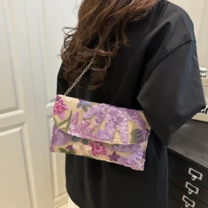 Elegant Floral Sequin Envelope Clutch Bag for Women, Vintage Embroidery Crossbody Bag, Flap Shoulder Purse, for Wedding Party - AliExpress 1524 - Color : Purple