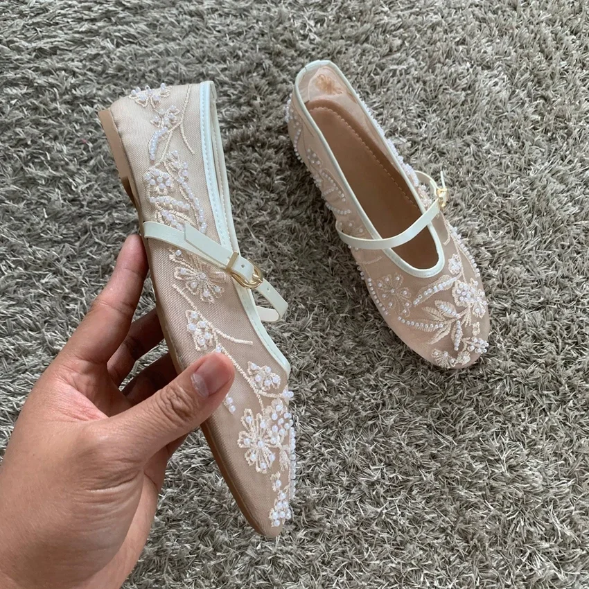 Mesh Embroidery String Bead Design Women Ballet Flats Fashion Buckle Breathable Mary Jane Shoe Comfort Low Heel Soft Flat Sandal - AliExpress 322 - Color : PDCZ-R - Shoe Size : 37 - Image 6