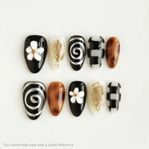 10pcs Handmade Black White Gold Flower Press On Nails Almond Long Luxury Retro Fake Nails Checkerboard Decor False Nail - AliExpress 66 - Color : XS