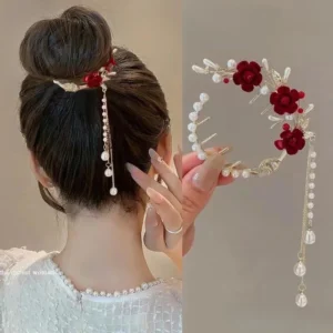 1 Pcs Fashion Exquisite Artificial Pearl Tassel Rose Flower Hair Claws For Women Girls Party Hair Accessories - AliExpress 200000297 - Color : 1 pcs red