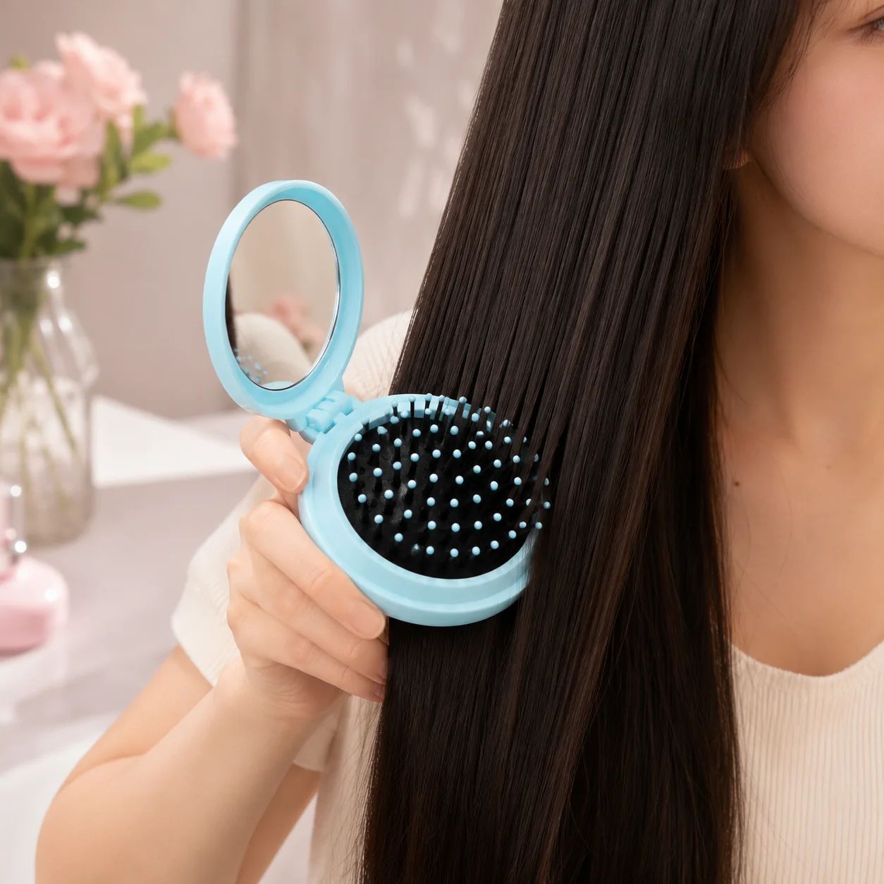 K-Pop Style Folding Hair Brush Mirror, 2 in 1 Portable Pocket Comb for Women, Cute Travel Makeup Bag Accessoryl - AliExpress 66 - Color : F - Image 3