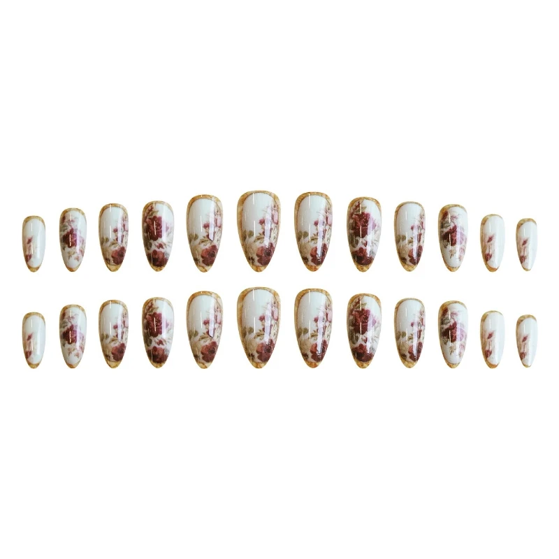 24Pcs Gold-Plated Almond Fake Nails Brown Floral Style - Color : A1435 - Image 4