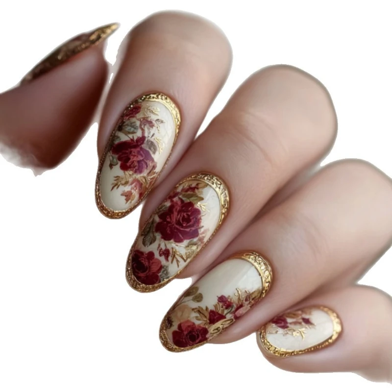 24Pcs Gold-Plated Almond Fake Nails Brown Floral Style - Color : A1435 - Image 6