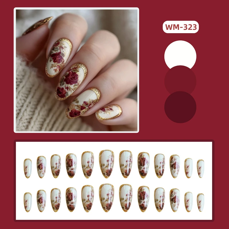 24Pcs Gold-Plated Almond Fake Nails Brown Floral Style - Color : A1435 - Image 2