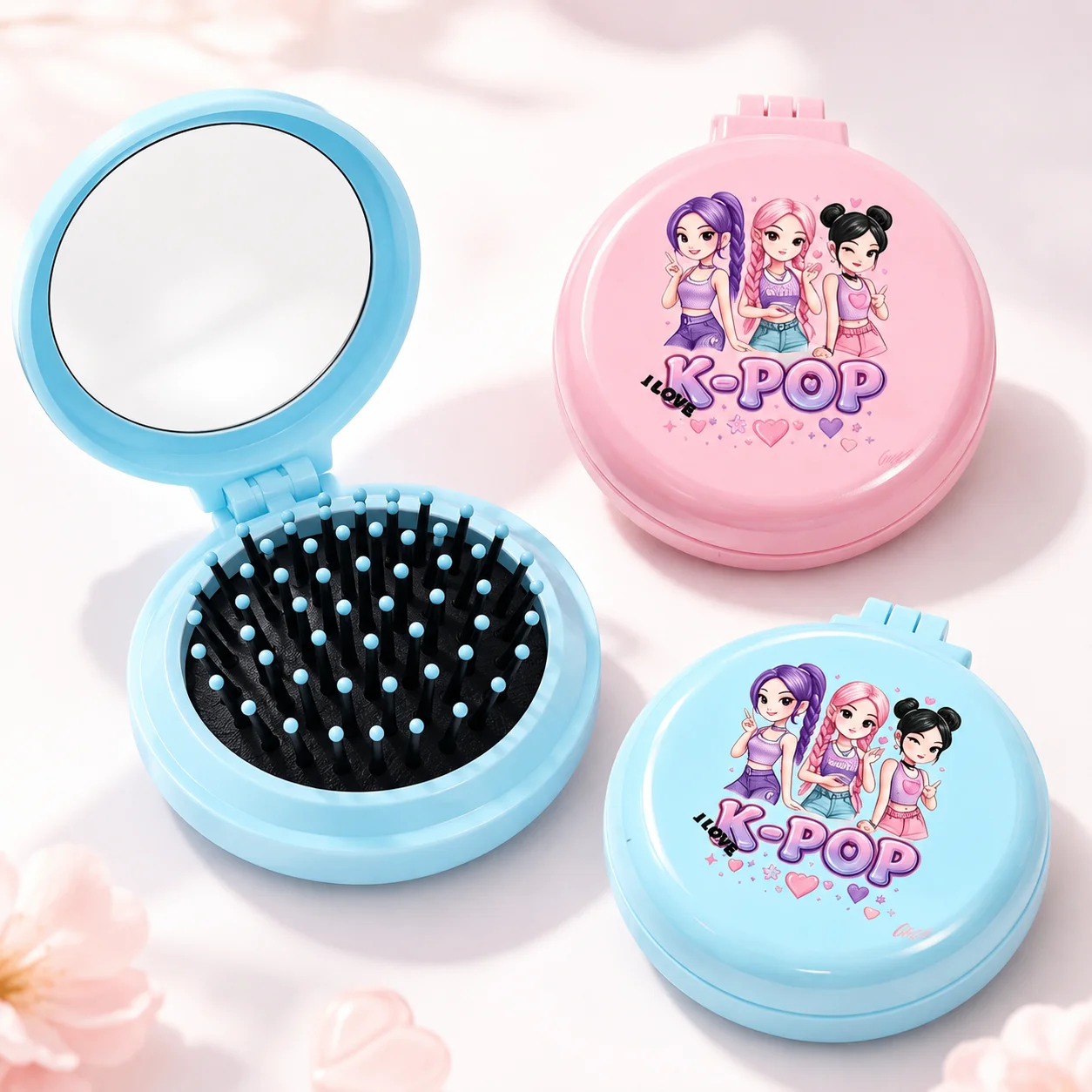 K-Pop Style Folding Hair Brush Mirror, 2 in 1 Portable Pocket Comb for Women, Cute Travel Makeup Bag Accessoryl - AliExpress 66 - Color : F