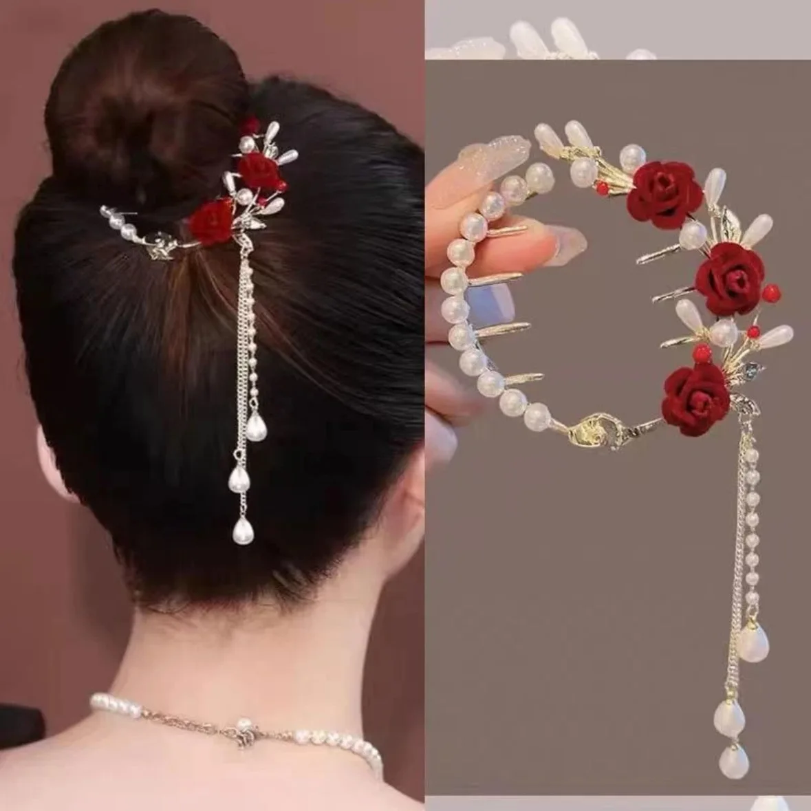 1 Pcs Fashion Exquisite Artificial Pearl Tassel Rose Flower Hair Claws For Women Girls Party Hair Accessories - AliExpress 200000297 - Color : 1 pcs red - Image 2