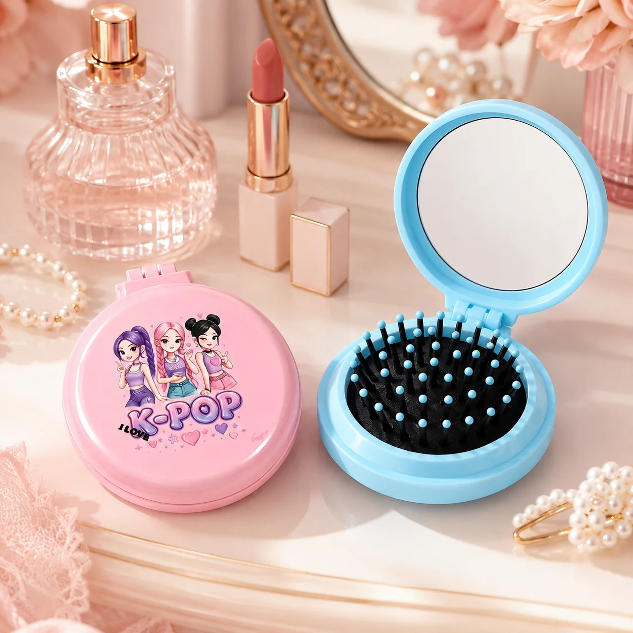 K-Pop Style Folding Hair Brush Mirror, 2 in 1 Portable Pocket Comb for Women, Cute Travel Makeup Bag Accessoryl - AliExpress 66 - Color : F - Image 4