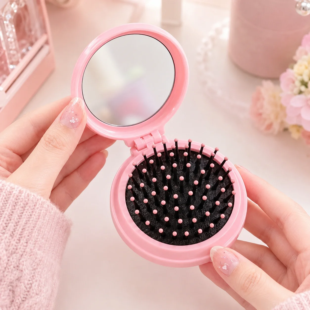 K-Pop Style Folding Hair Brush Mirror, 2 in 1 Portable Pocket Comb for Women, Cute Travel Makeup Bag Accessoryl - AliExpress 66 - Color : F - Image 2