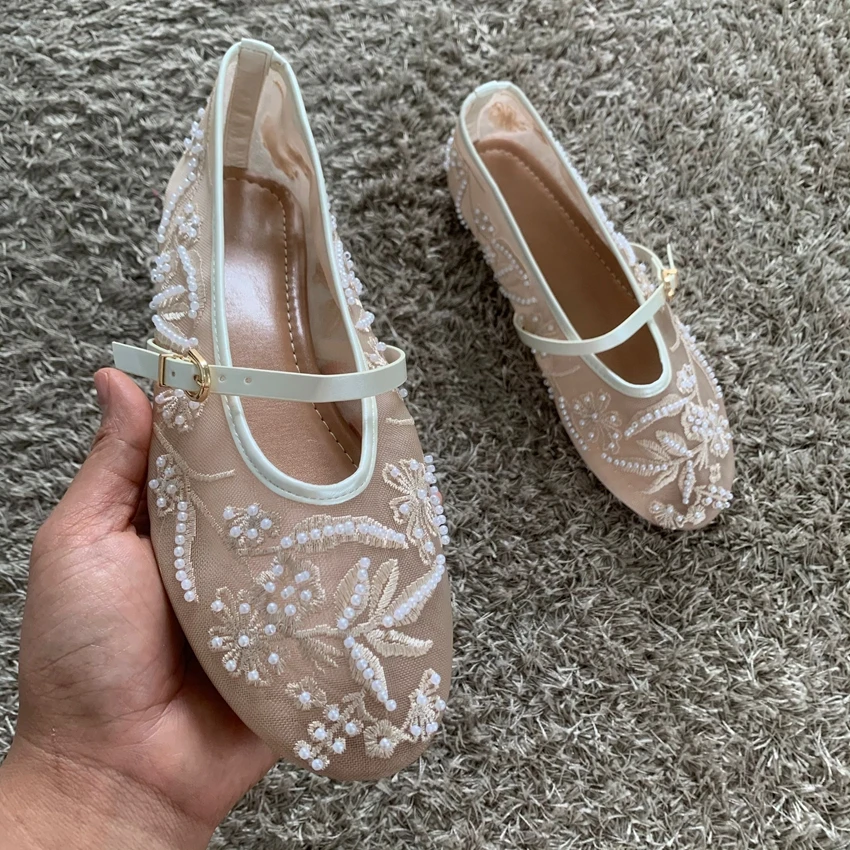 Mesh Embroidery String Bead Design Women Ballet Flats Fashion Buckle Breathable Mary Jane Shoe Comfort Low Heel Soft Flat Sandal - AliExpress 322 - Color : PDCZ-R - Shoe Size : 37 - Image 4