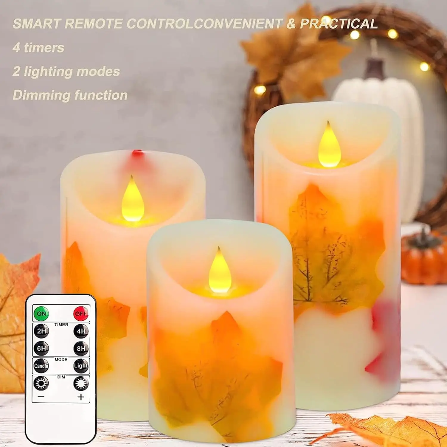 LED Candle Lights, 3 Pcs Flickering Flameless Maple Leaf Candle Lights with Remote & Timer Battery Operated LED Electric Candle - AliExpress 39 - Emitting Color : Type 1 - Image 3