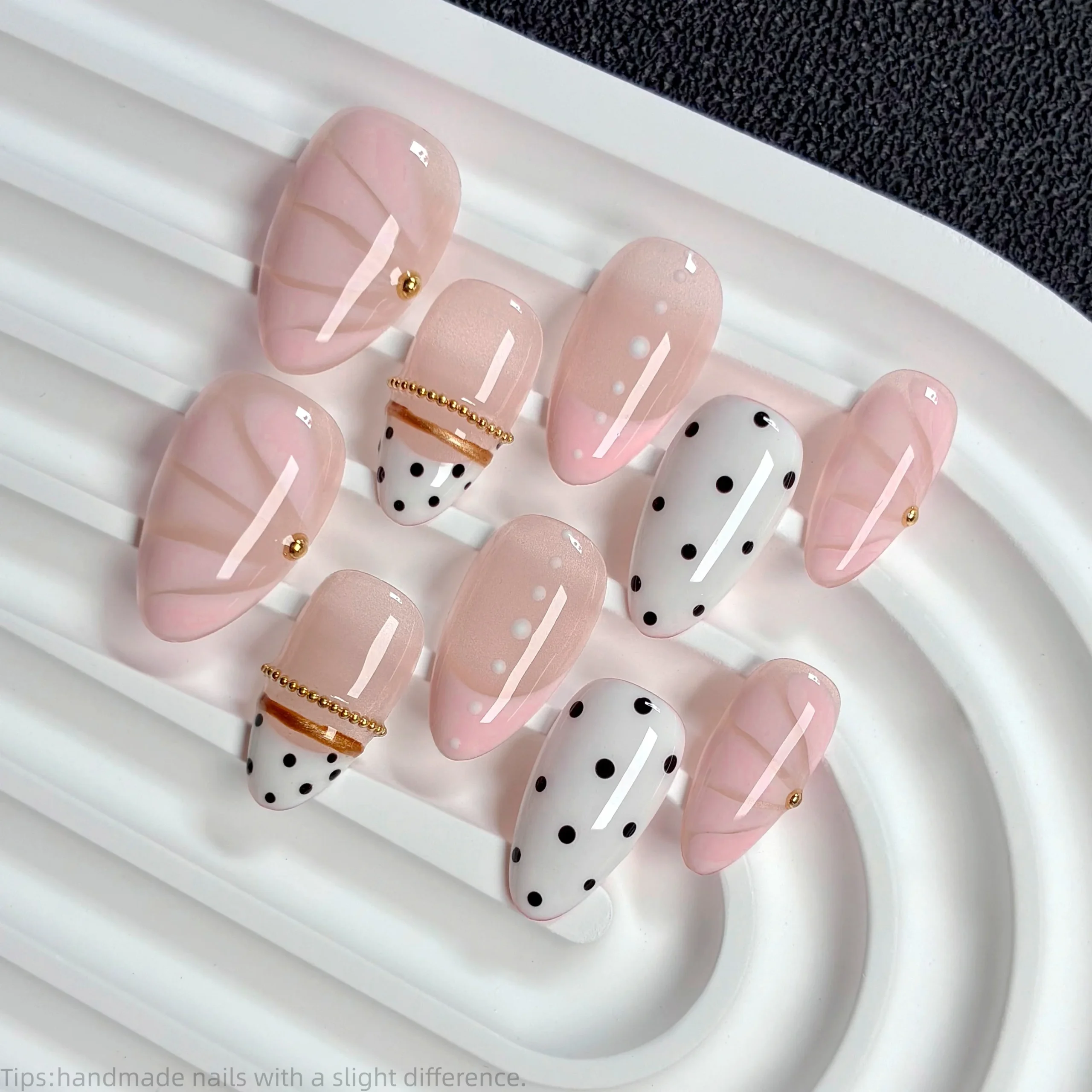 10pcs Handmade Pink French Polka Dot Press On Nails Short Almond Sweet Cute Fake Nails Gold Bead Decor False Nails - AliExpress 66 - Color : M - Image 3