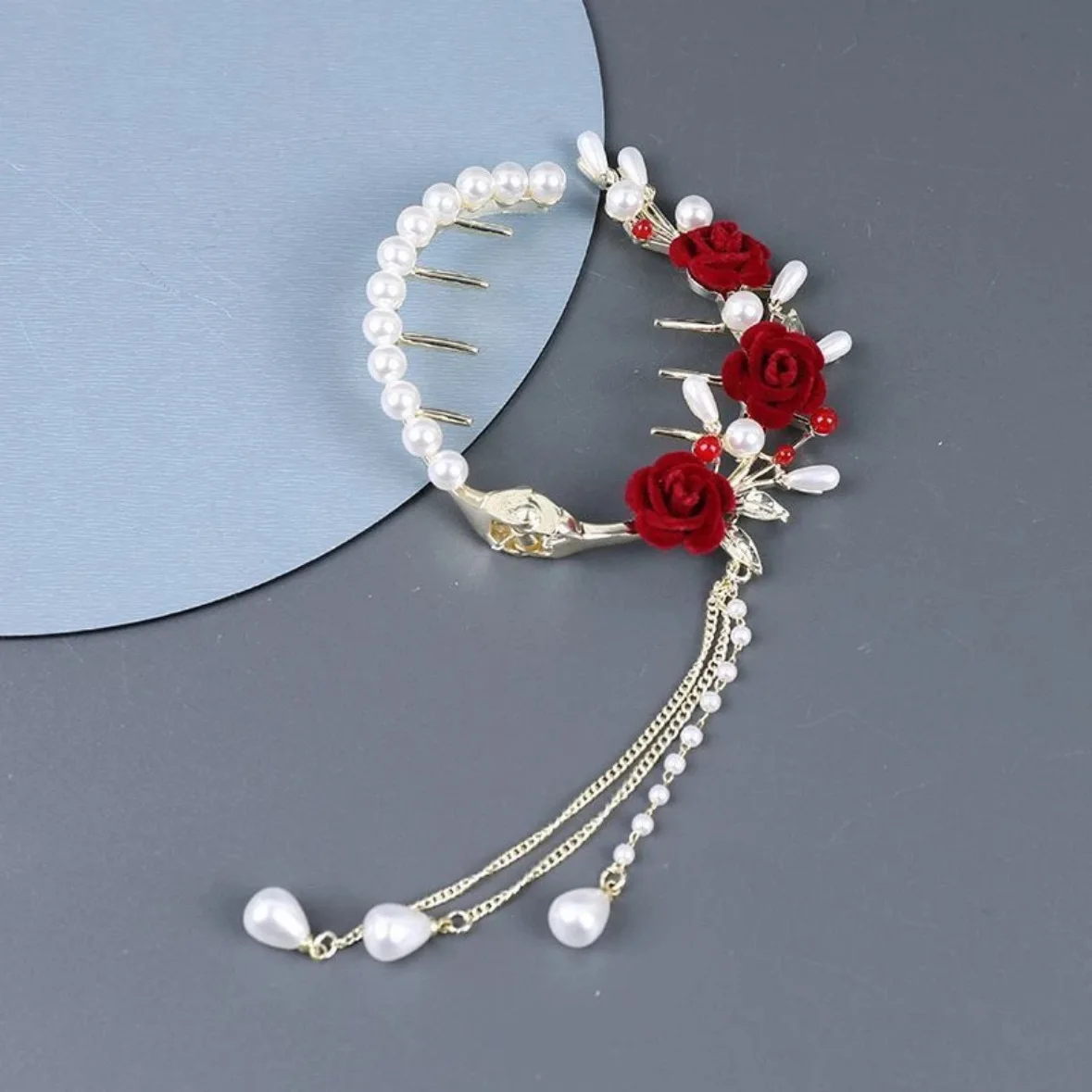 1 Pcs Fashion Exquisite Artificial Pearl Tassel Rose Flower Hair Claws For Women Girls Party Hair Accessories - AliExpress 200000297 - Color : 1 pcs red - Image 6