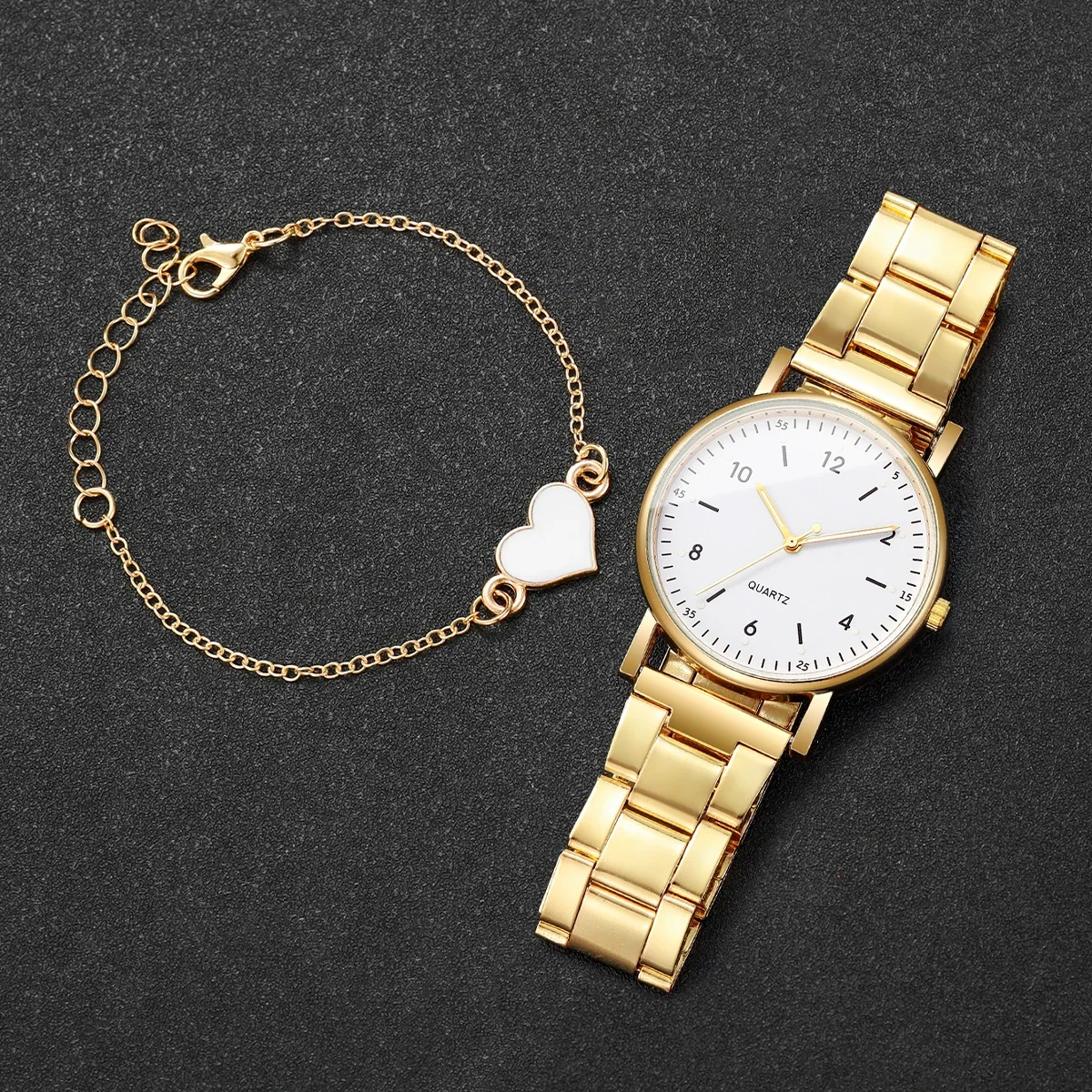 4Pcs Women’s Gold Quartz Watch Set, Minimalist Round Dial Steel Band Wrist Watch with Heart Pendant Bracelet Jewelry Gift Kit - AliExpress 1511 - Color : 4PCS Set Without Box - Image 4