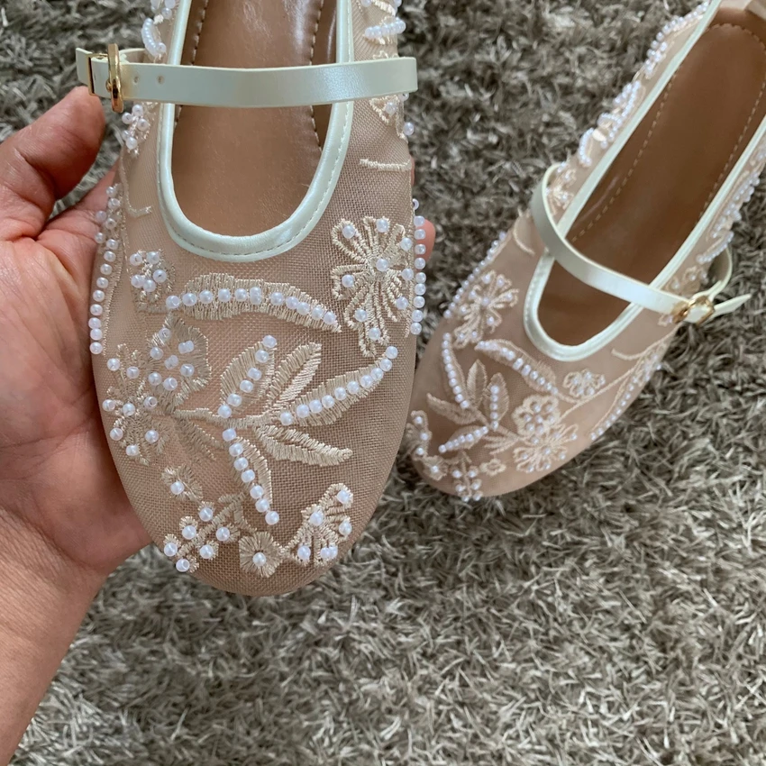 Mesh Embroidery String Bead Design Women Ballet Flats Fashion Buckle Breathable Mary Jane Shoe Comfort Low Heel Soft Flat Sandal - AliExpress 322 - Color : PDCZ-R - Shoe Size : 37 - Image 5