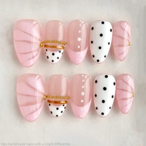 10pcs Handmade Pink French Polka Dot Press On Nails Short Almond Sweet Cute Fake Nails Gold Bead Decor False Nails - AliExpress 66 - Color : M