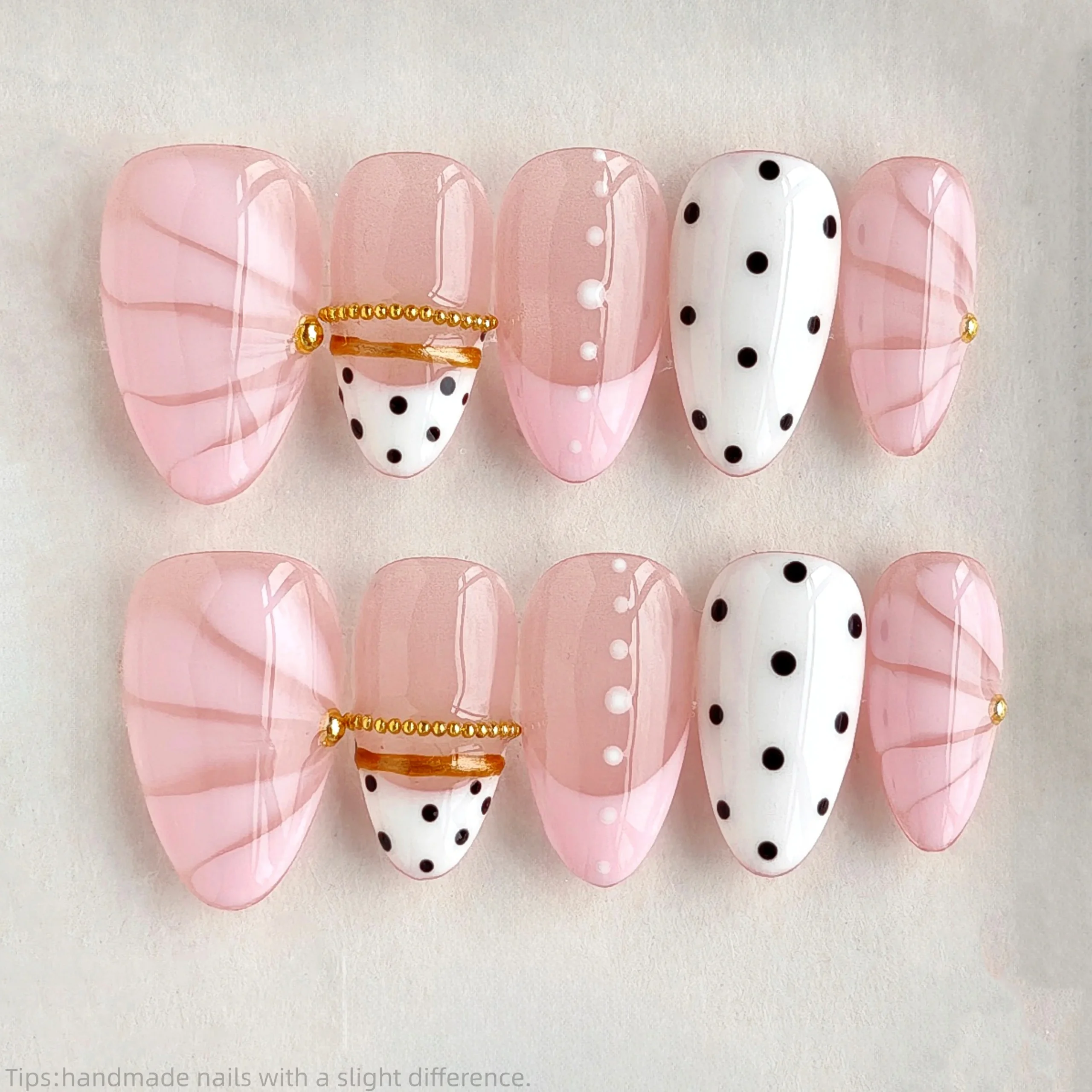 10pcs Handmade Pink French Polka Dot Press On Nails Short Almond Sweet Cute Fake Nails Gold Bead Decor False Nails - AliExpress 66 - Color : M