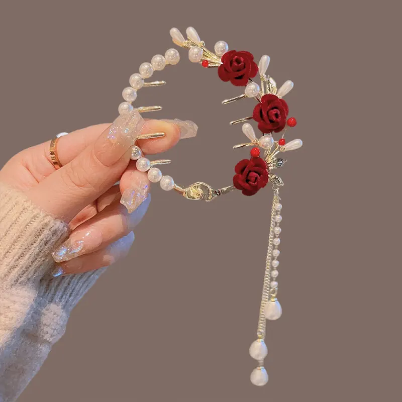 1 Pcs Fashion Exquisite Artificial Pearl Tassel Rose Flower Hair Claws For Women Girls Party Hair Accessories - AliExpress 200000297 - Color : 1 pcs red - Image 4