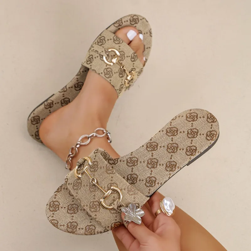 2026 Summer New Retro Printed Women Slippers Fashion Metal Decor Luxury Lightweight Comfort Non Slip Women Shoes Шлепки Женские - AliExpress 322 - Color : LIGHT BLUE - Shoe Size : 36