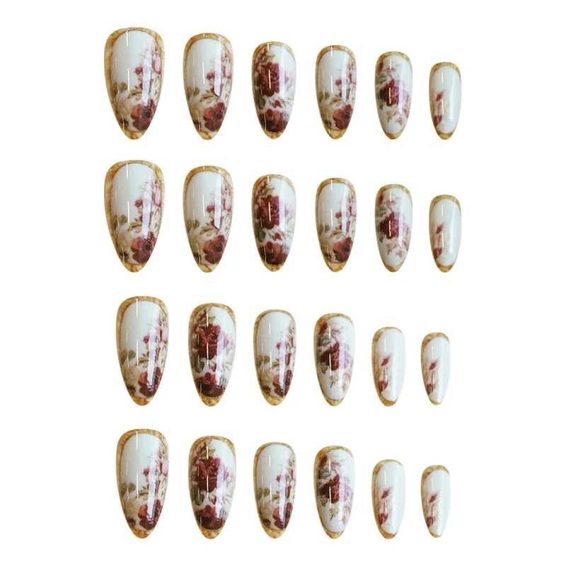 24Pcs Gold-Plated Almond Fake Nails Brown Floral Style - Color : A1435 - Image 3