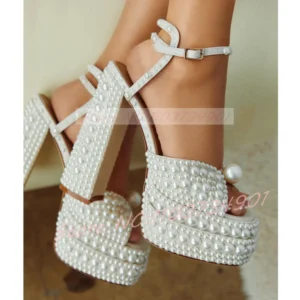 Women's White Pearl Platform Sandals 8CM Heel - Color : Bowknot - Shoe Size : 37